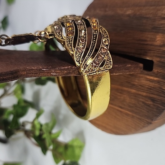 Statement Gold Hinge / Clamper Bracelet with Crystals and Attached Ring New - Picture 7 of 10
